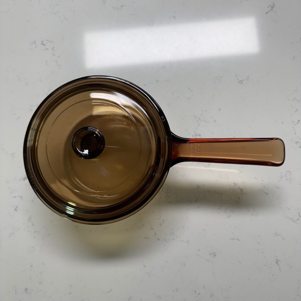 Vtg Visions Corning Ware Saucepan 1L Amber Brown Glass V-1-B Pyrex Lid France